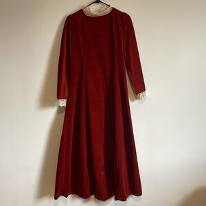 VTG Victorian Velour Lace Dress Rust Med Mock Neck Lace Sleeve Maxi Nightgown